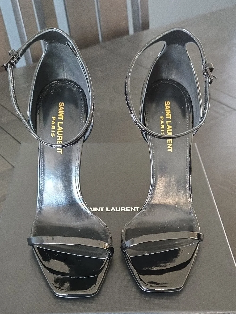 Saint Laurent Black Patent Tribute Heeled Sandals. Opyum 110 YSL heel. - Picture 4 of 10